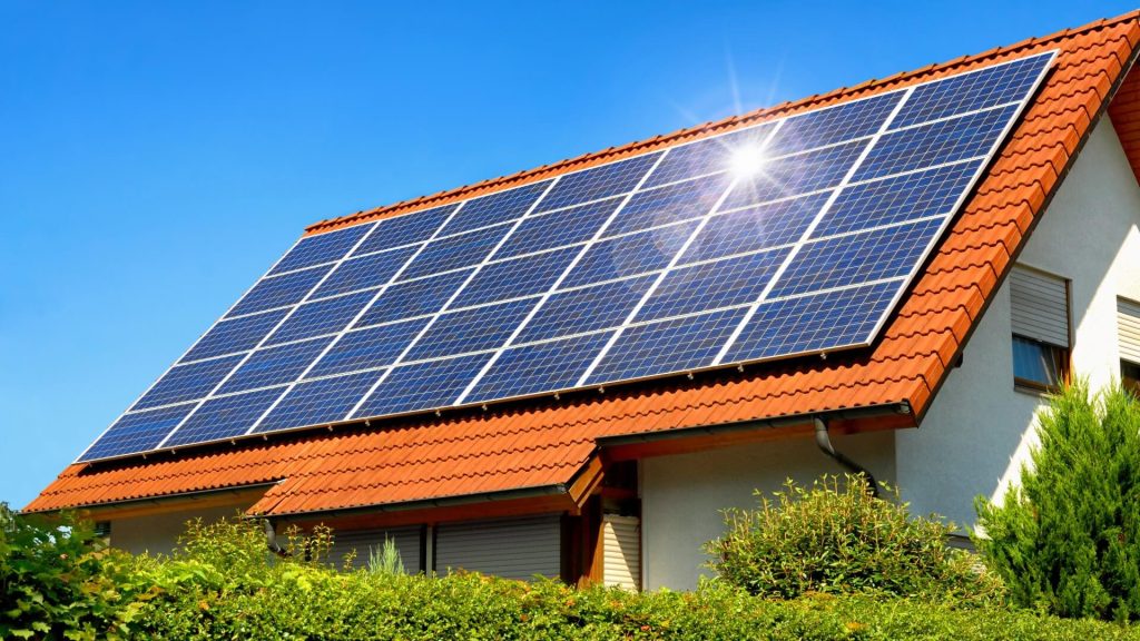 Haus mit rotem Ziegeldach und einer großen Solaranlage auf der Dachfläche, umgeben von grünen Büschen